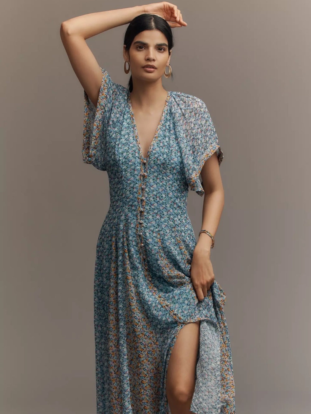 By Anthropologie Pleated Smocked Maxi Dress Maeve Blue 4